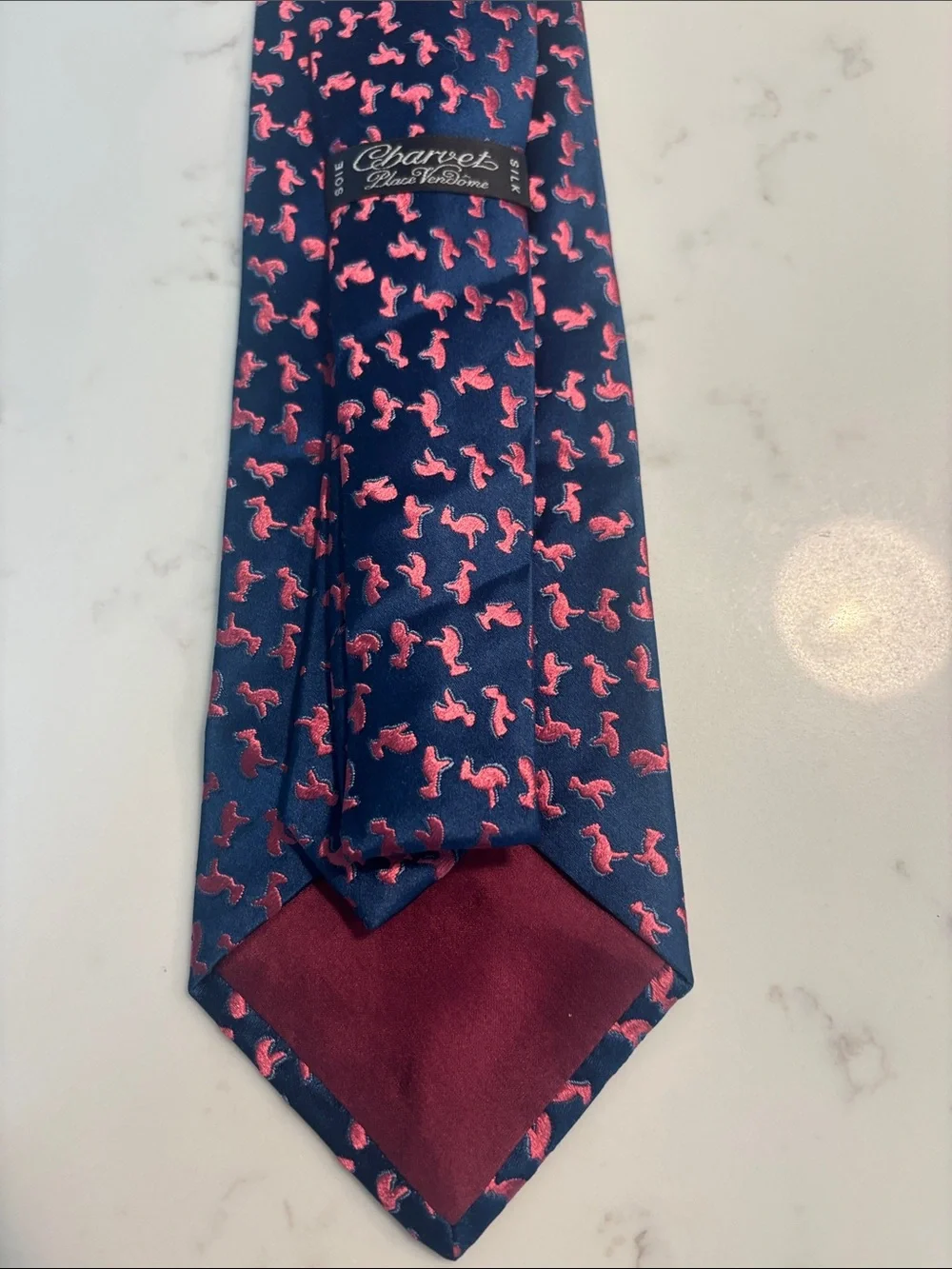 Charvet Navy Silk Tie with Pink Seahorse Motif